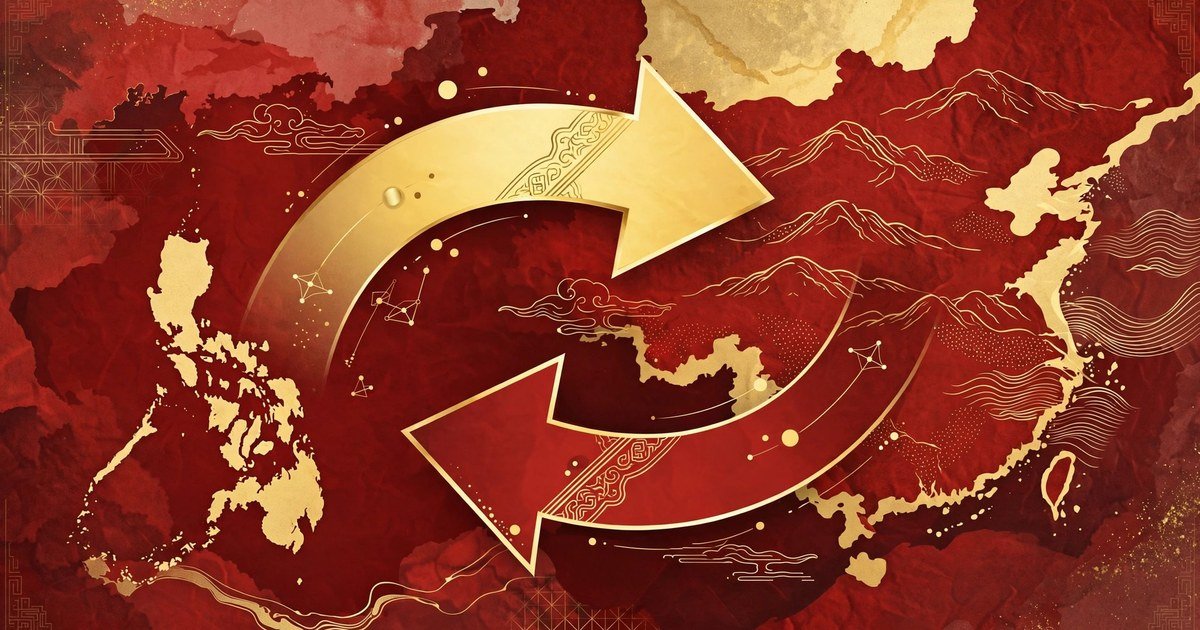 Minh họa concept hai mũi tên vòng hai chiều vàng đồng và đỏ trên nền bản đồ cách điệu, tông đỏ trang trọng.
