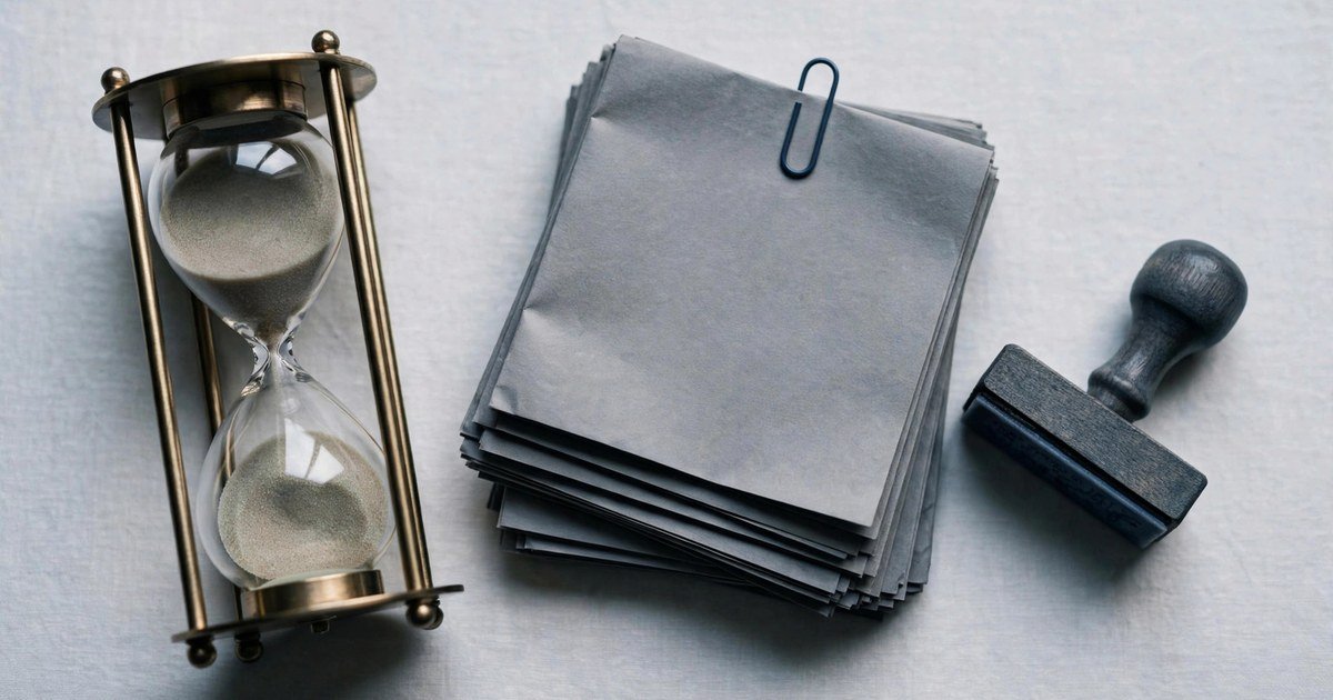 Case Study: Losing Tax Incentives Over Missed Disbursement 1 Đồng hồ cát bằng đồng đặt cạnh chồng tài liệu dự án xám và con dấu tay, biểu tượng thời gian tiến độ bị lỡ.