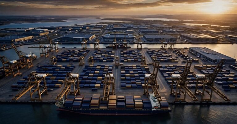 Cảng container nhìn từ trên cao lúc hoàng hôn với cần cẩu, tàu hàng và kho bãi hiện đại phía xa, tông xanh navy và vàng đồng.