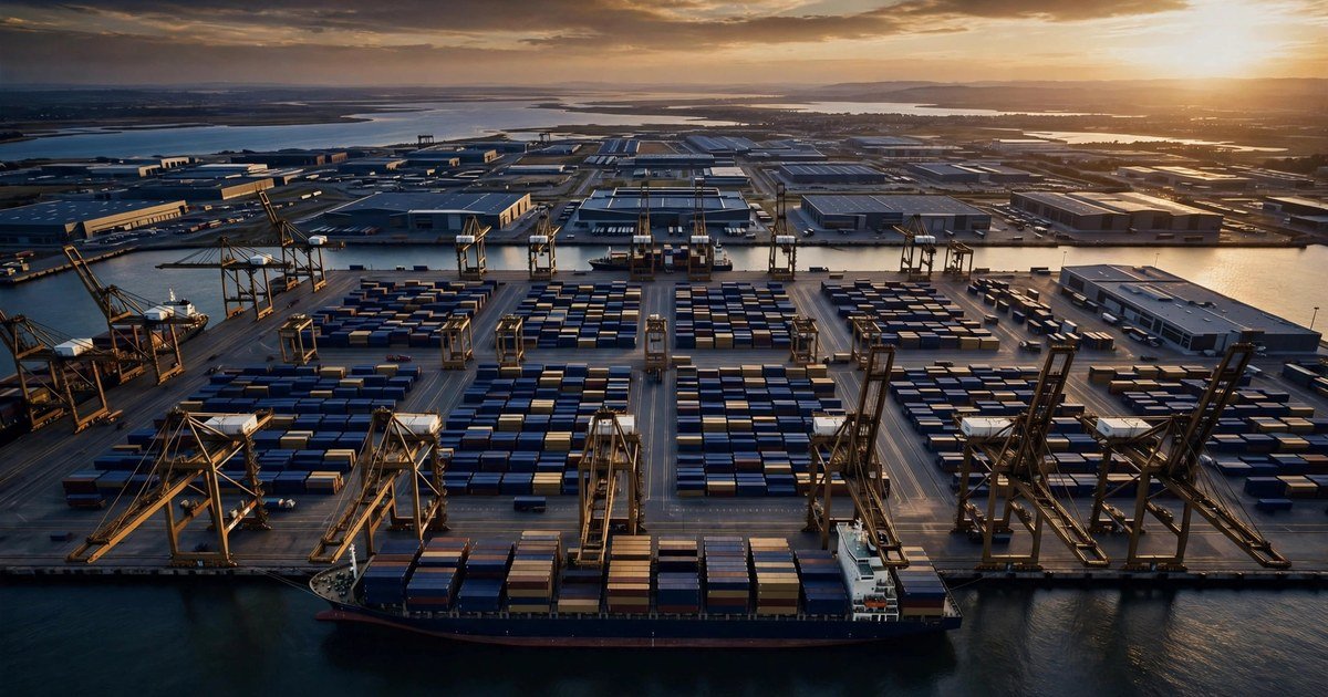 Cảng container nhìn từ trên cao lúc hoàng hôn với cần cẩu, tàu hàng và kho bãi hiện đại phía xa, tông xanh navy và vàng đồng.