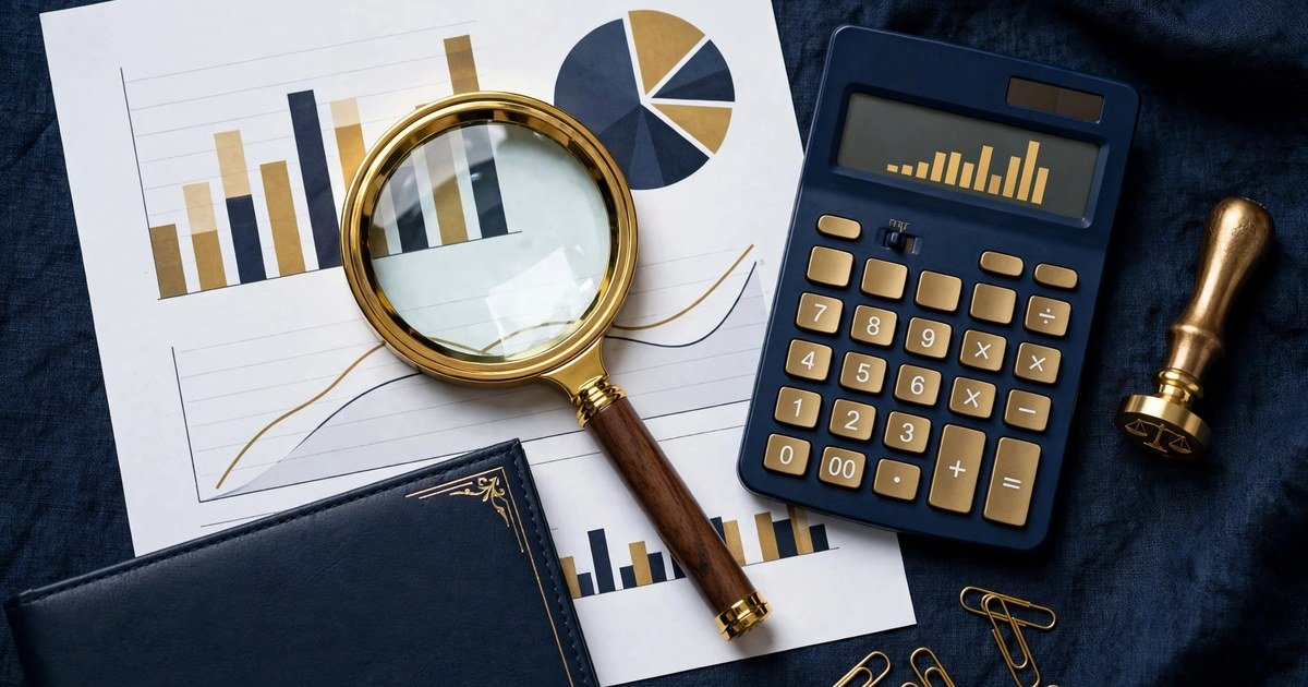 Kính lúp đặt trên báo cáo tài chính với biểu đồ cột, biểu đồ tròn và máy tính, bên cạnh là con dấu đồng và kẹp giấy; tông xanh navy và vàng đồng.