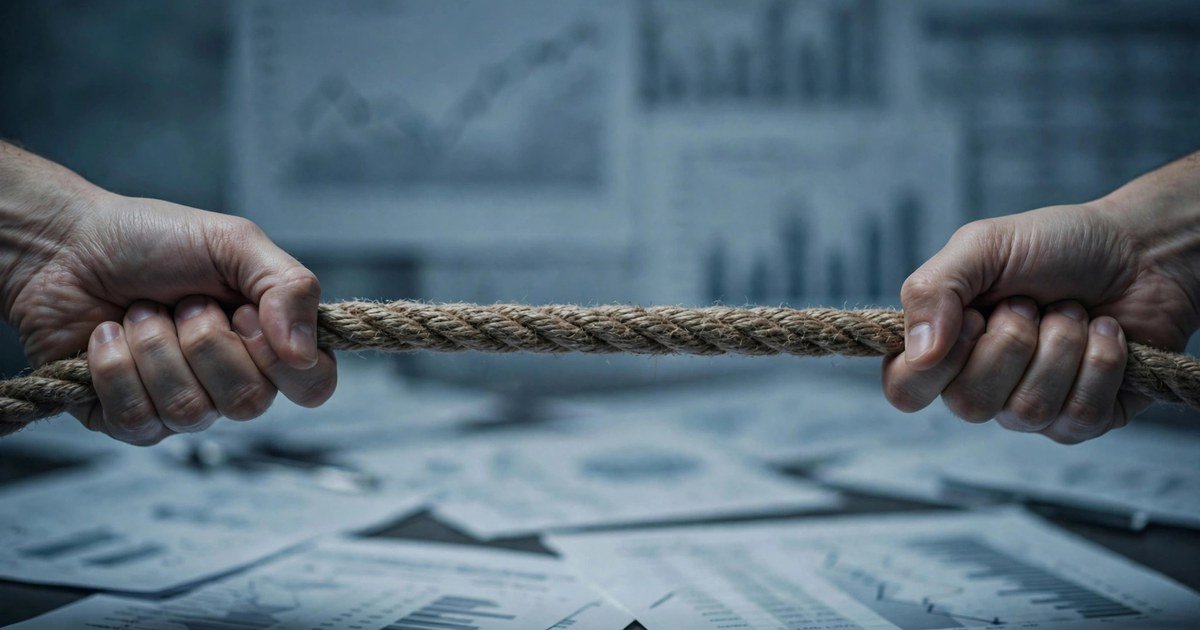 案例:并购后earn-out估值争议 1 Hai bàn tay kéo co một sợi dây thừng trên nền tài liệu tài chính và biểu đồ, tông xám-xanh căng thẳng.