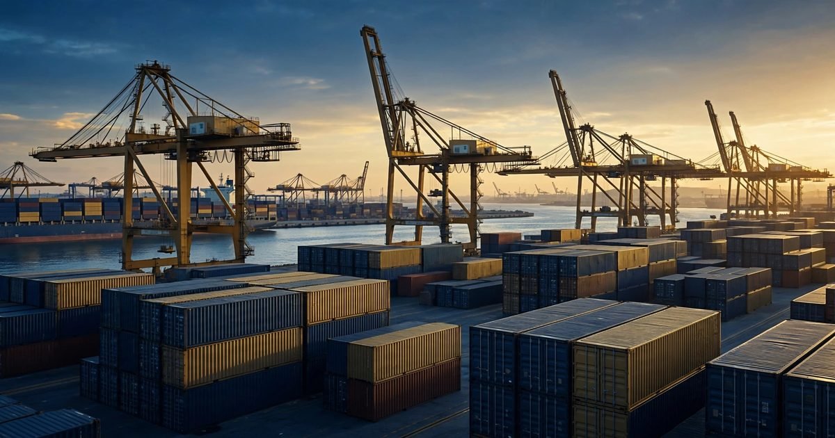 Cảng container hiện đại với cần cẩu lúc hoàng hôn