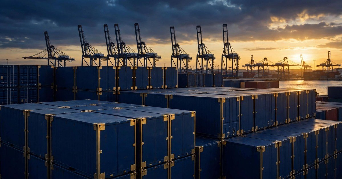 Container hàng hóa xanh navy xếp tại cảng biển lúc hoàng hôn, cần cẩu silhouette phía xa