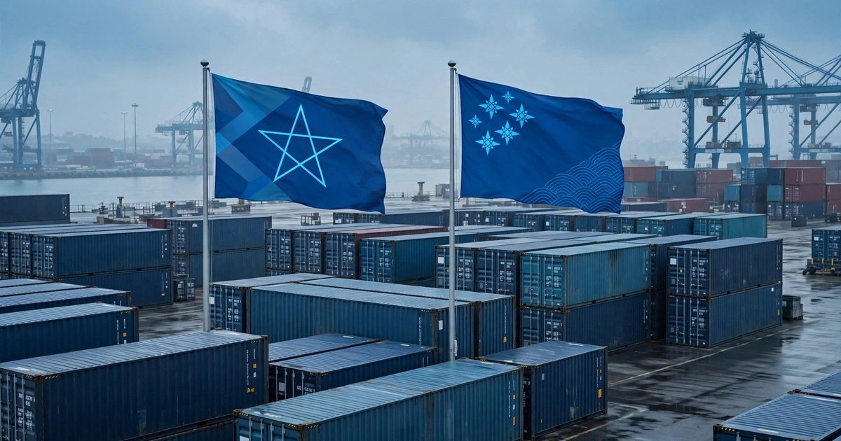 Hai lá cờ cách điệu tung bay tại cảng container hàng xuất khẩu, tông xanh dương