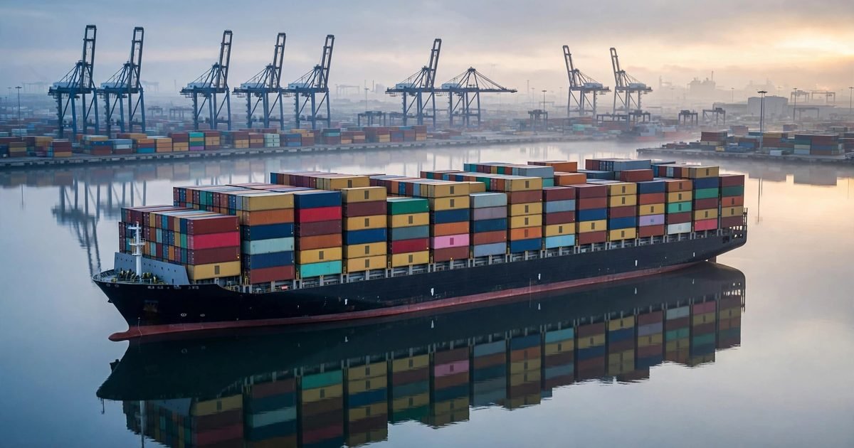 Tàu container chất đầy hàng hóa neo tại cảng lúc bình minh