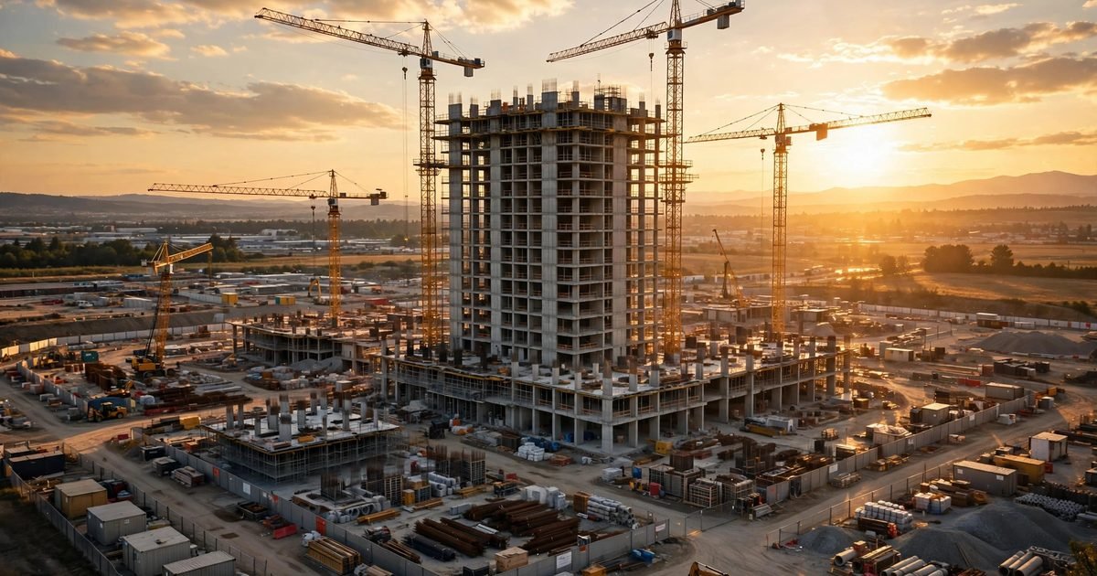 Công trường thi công tòa nhà cao tầng với nhiều cần cẩu tháp dưới ánh hoàng hôn