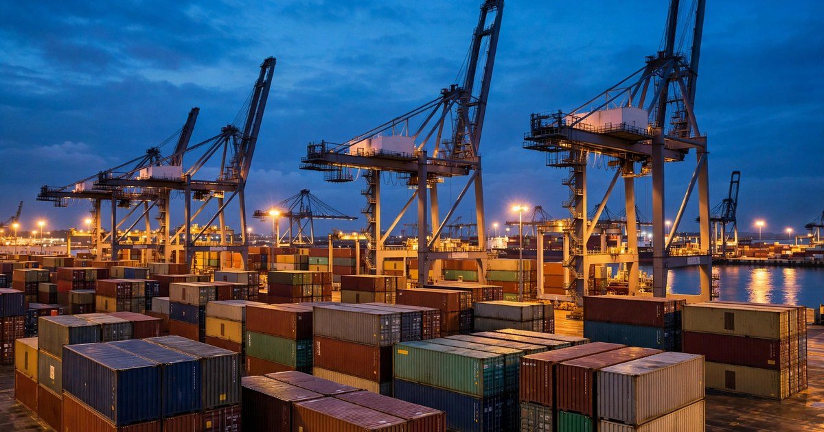 Cảng container lúc hoàng hôn — minh họa bài tranh chấp logistics vận chuyển
