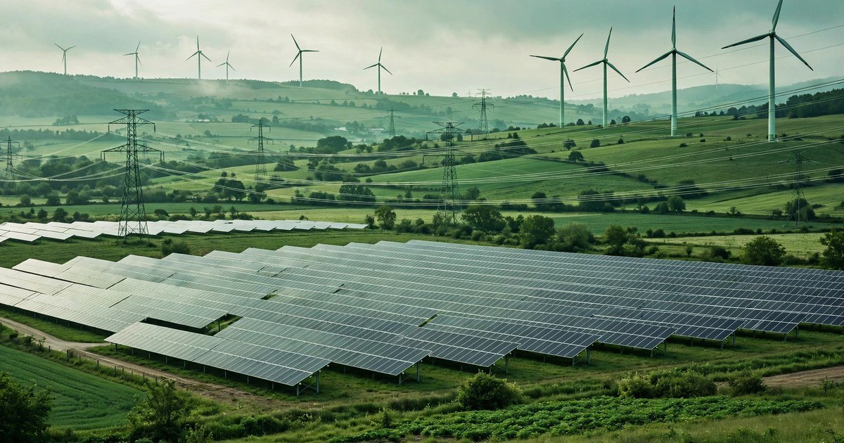 Trang trại điện mặt trời rộng lớn bên dưới các turbine gió và đường dây truyền tải điện, tông xanh lá