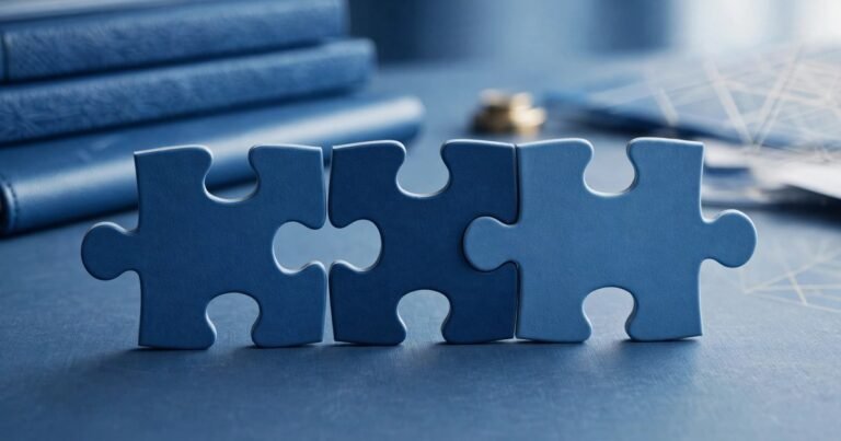 Các mảnh ghép puzzle màu xanh dương ghép lại thành một trên bàn làm việc