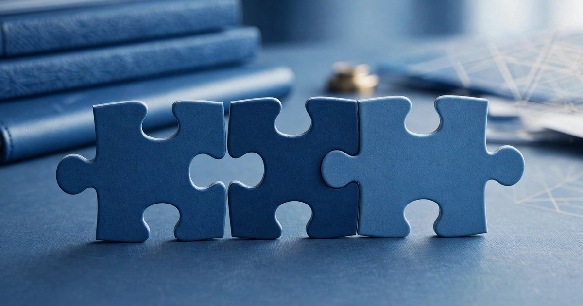 Các mảnh ghép puzzle màu xanh dương ghép lại thành một trên bàn làm việc