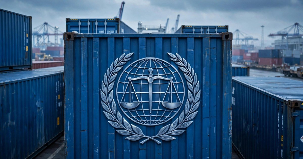 Container xanh dương in nổi biểu tượng cán cân công lý trong vòng nguyệt quế, phía sau là cảng container và cần cẩu.