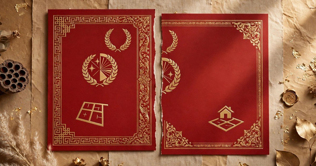 Hai nửa giấy chứng nhận màu đỏ viền hoa văn vàng đặt cạnh nhau như bị chia đôi, có biểu tượng chia thửa đất cách điệu.