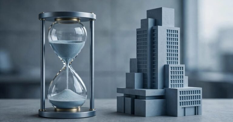 Đồng hồ cát đặt cạnh mô hình tòa nhà văn phòng cách điệu, tông xám xanh.