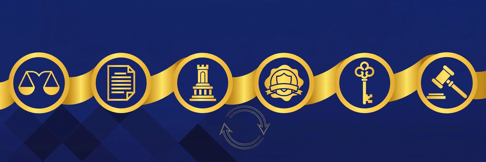 Infographic timeline ribbon with six golden legal milestone nodes