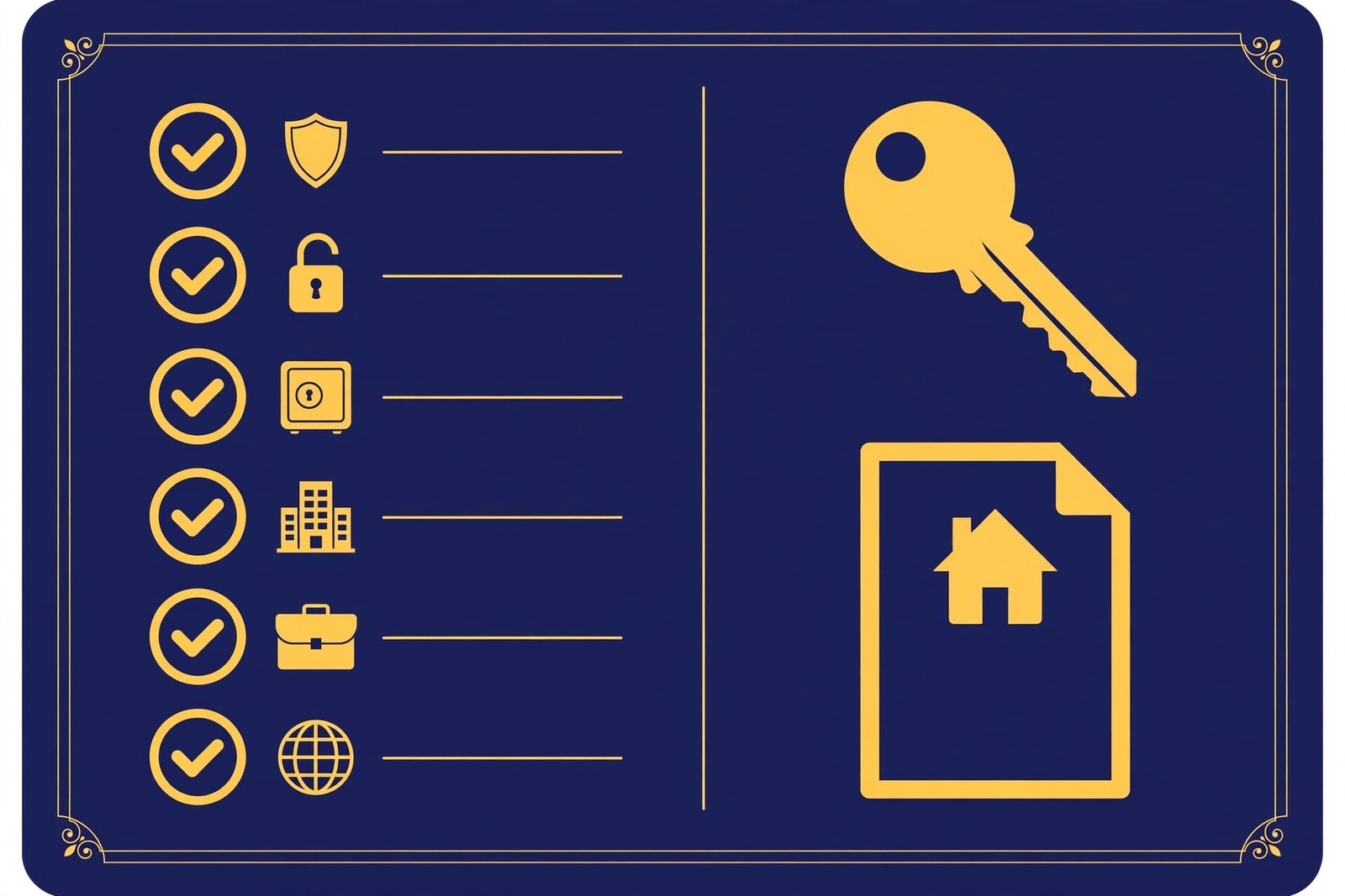 Infographic checklist with golden checkmarks, key and house deed icons