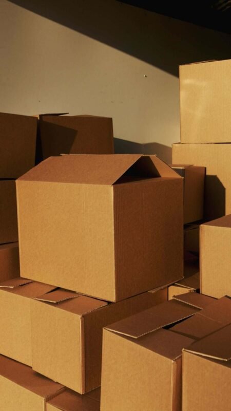 Stacked cardboard boxes in a warehouse
