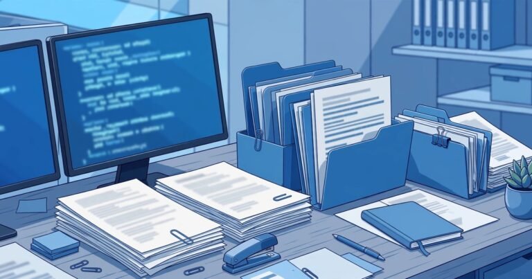 Bàn làm việc startup công nghệ với hai màn hình hiển thị mã nguồn, chồng tài liệu hợp đồng, kẹp giấy và sổ tay; tông xanh dương hiện đại.