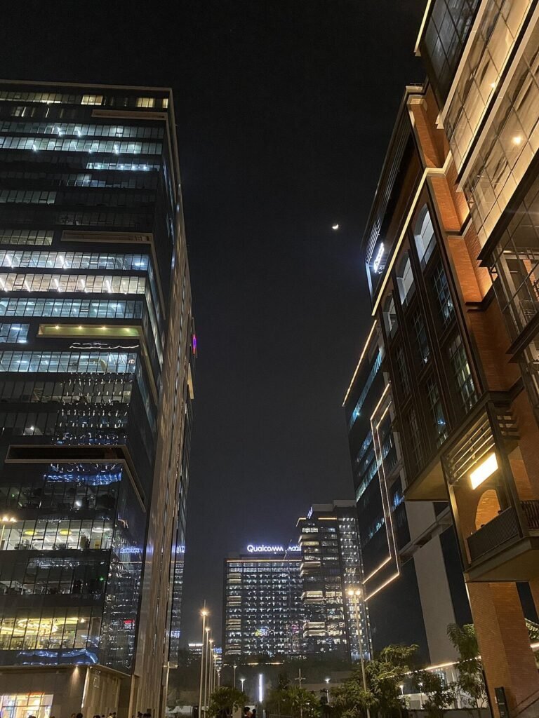 Modern office towers seen from street level