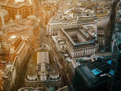 Aerial view of London's financial district at sunset