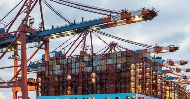 Global supply chain with containers and factories