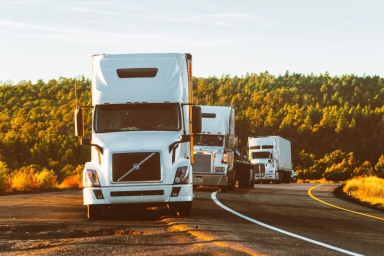 Line of freight trucks on a highway