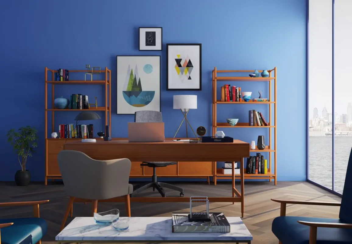 Empty wooden desk by a window