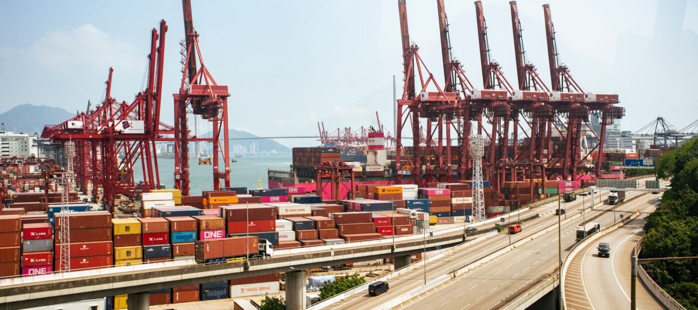 Customs procedures for transit goods through Vietnam — aerial view of a container port