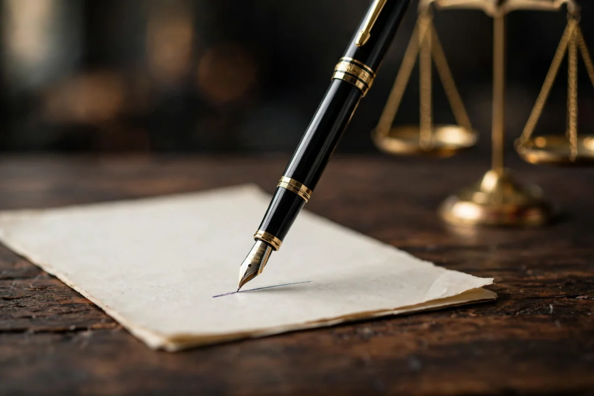 Fountain pen and scales of justice — illustration for the article on the 15 decisive SPA clauses