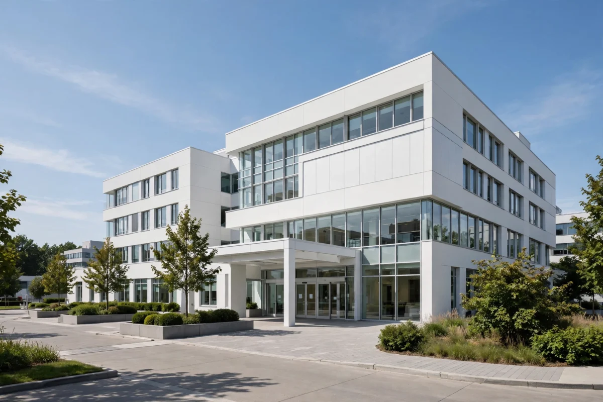 Modern hospital building — illustration for the article on hospital and clinic M&A