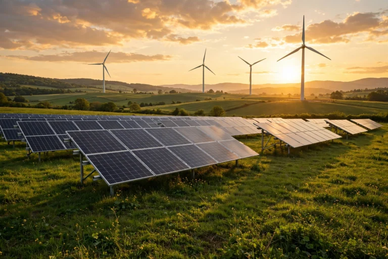 Solar panels and wind turbines — illustration for the article on renewable energy M&A