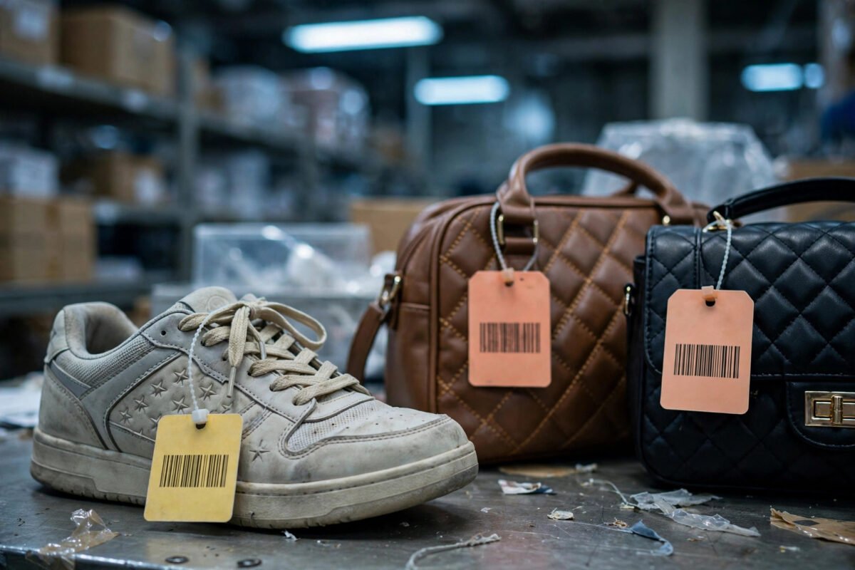 Counterfeit sneakers and handbags with barcode inspection tags on a customs warehouse table
