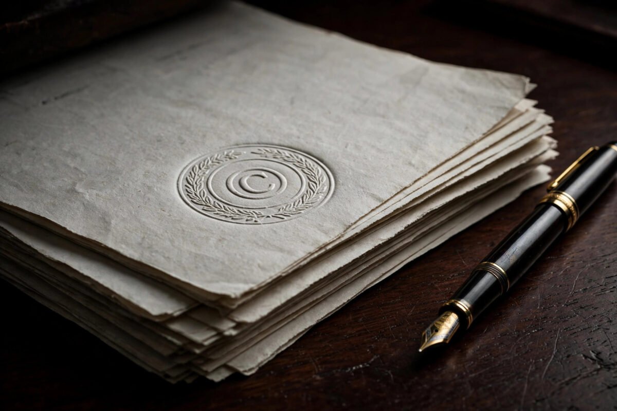 Intellectual property documents with an embossed seal and a fountain pen on a dark desk