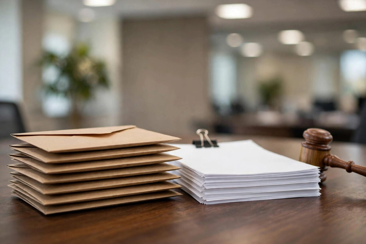 Sealed tender envelopes and bid documents stacked beside a gavel on a conference table