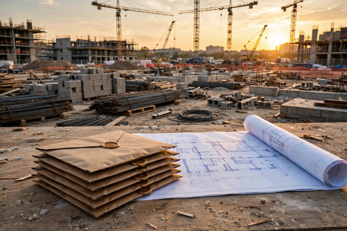 Công trường xây dựng với cần cẩu, bản vẽ thiết kế và chồng phong bì hồ sơ dự thầu niêm phong