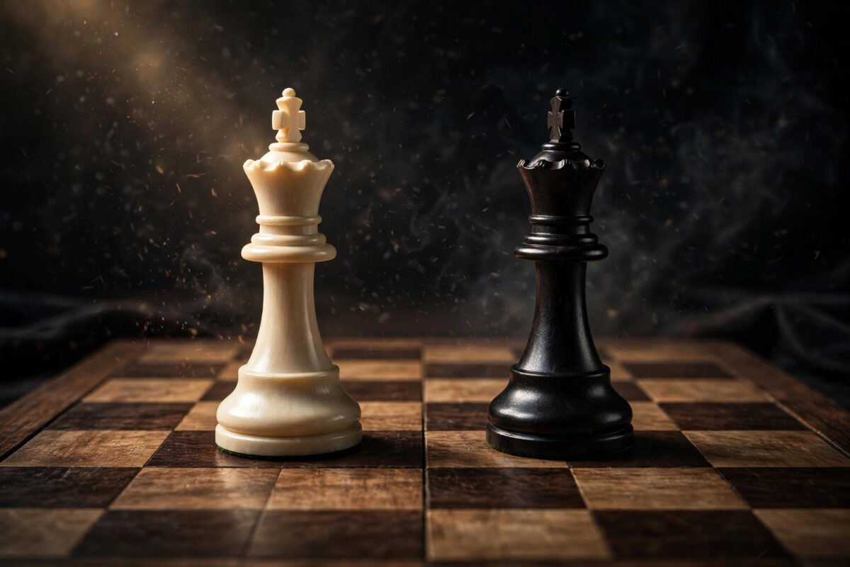 Two chess kings facing off on a chessboard, a metaphor for business competition