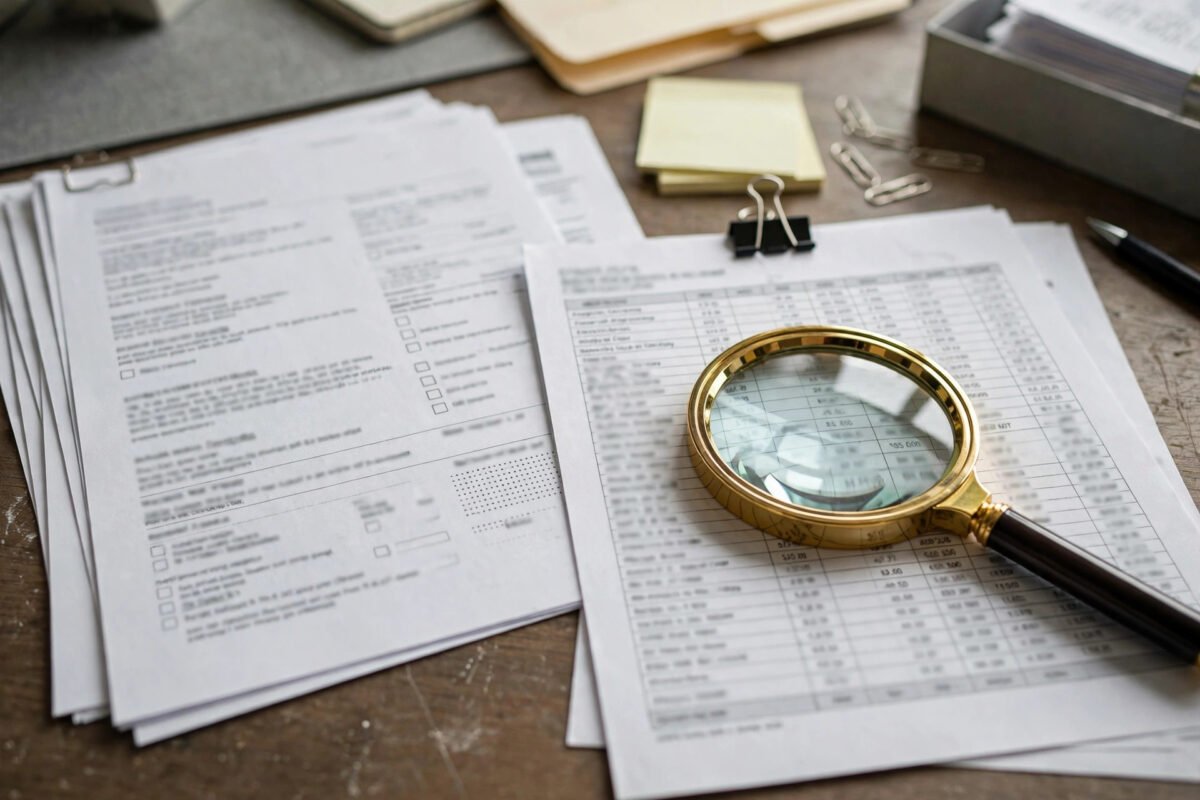 Insurance policy documents and payroll records examined with a magnifying glass
