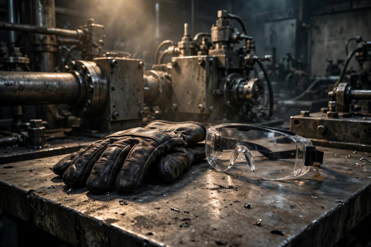 Industrial machinery with work safety gloves and protective goggles