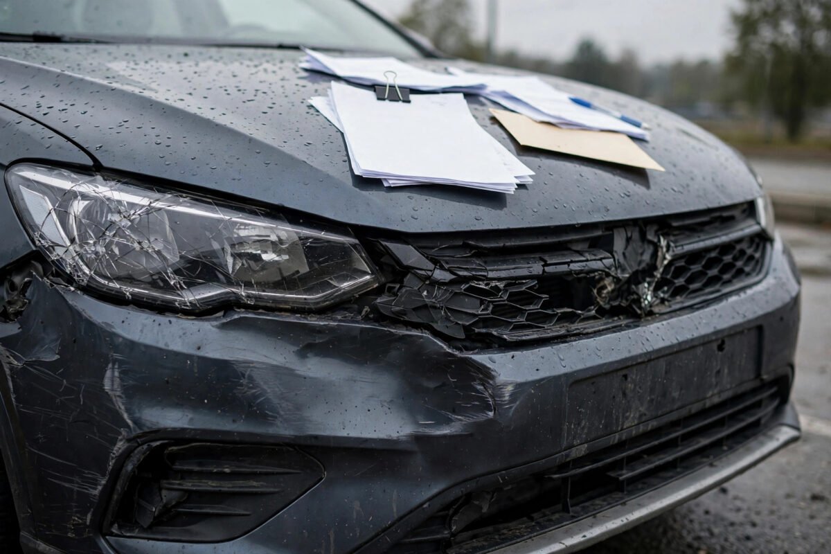 Damaged car front with insurance claim documents placed on the hood