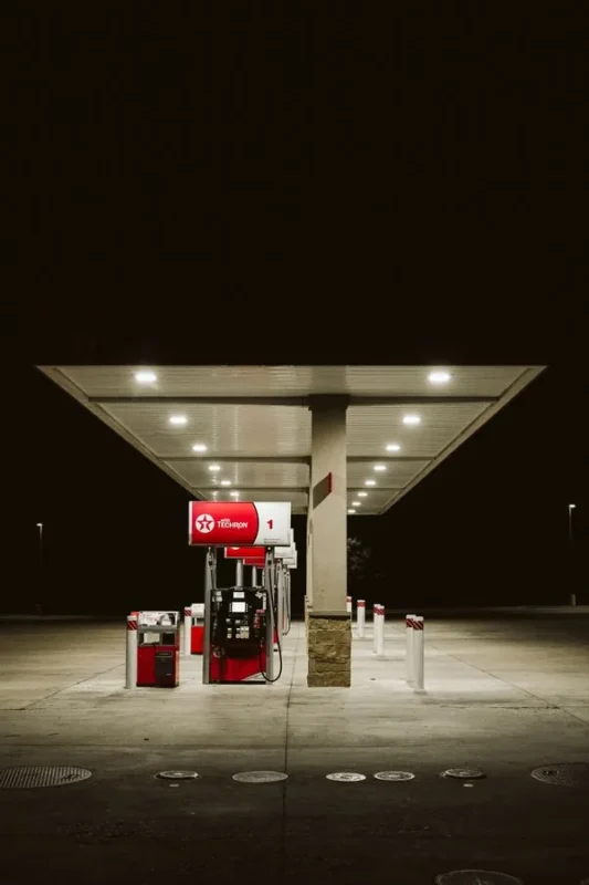 Fuel station canopy at night