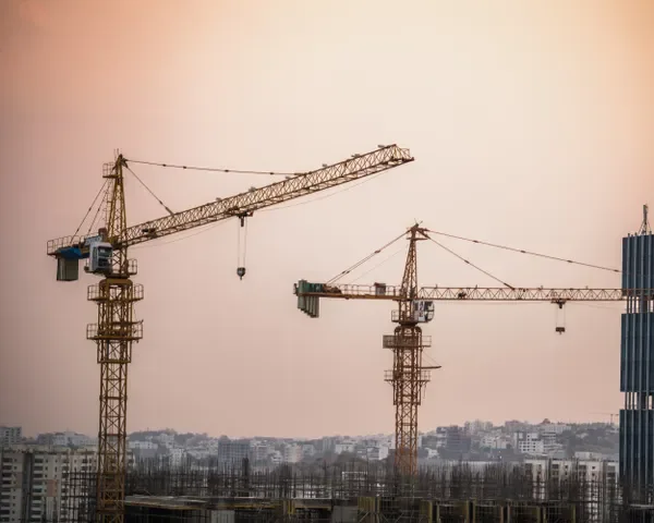 Tower cranes at construction site at dusk