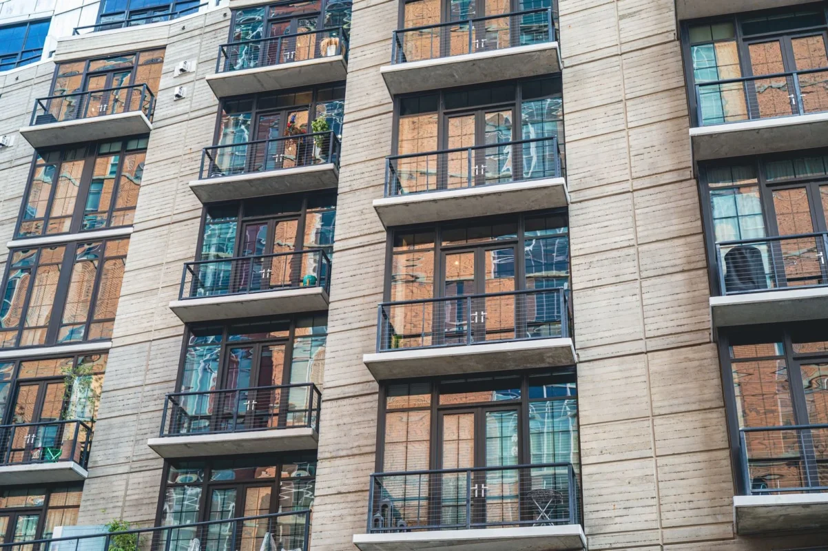 Contemporary apartment building with concrete facade