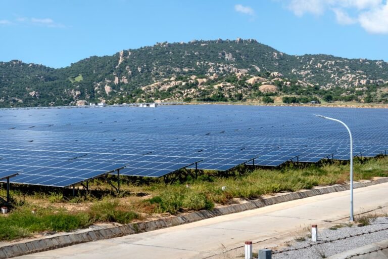 Solar panels on a green field under blue sky