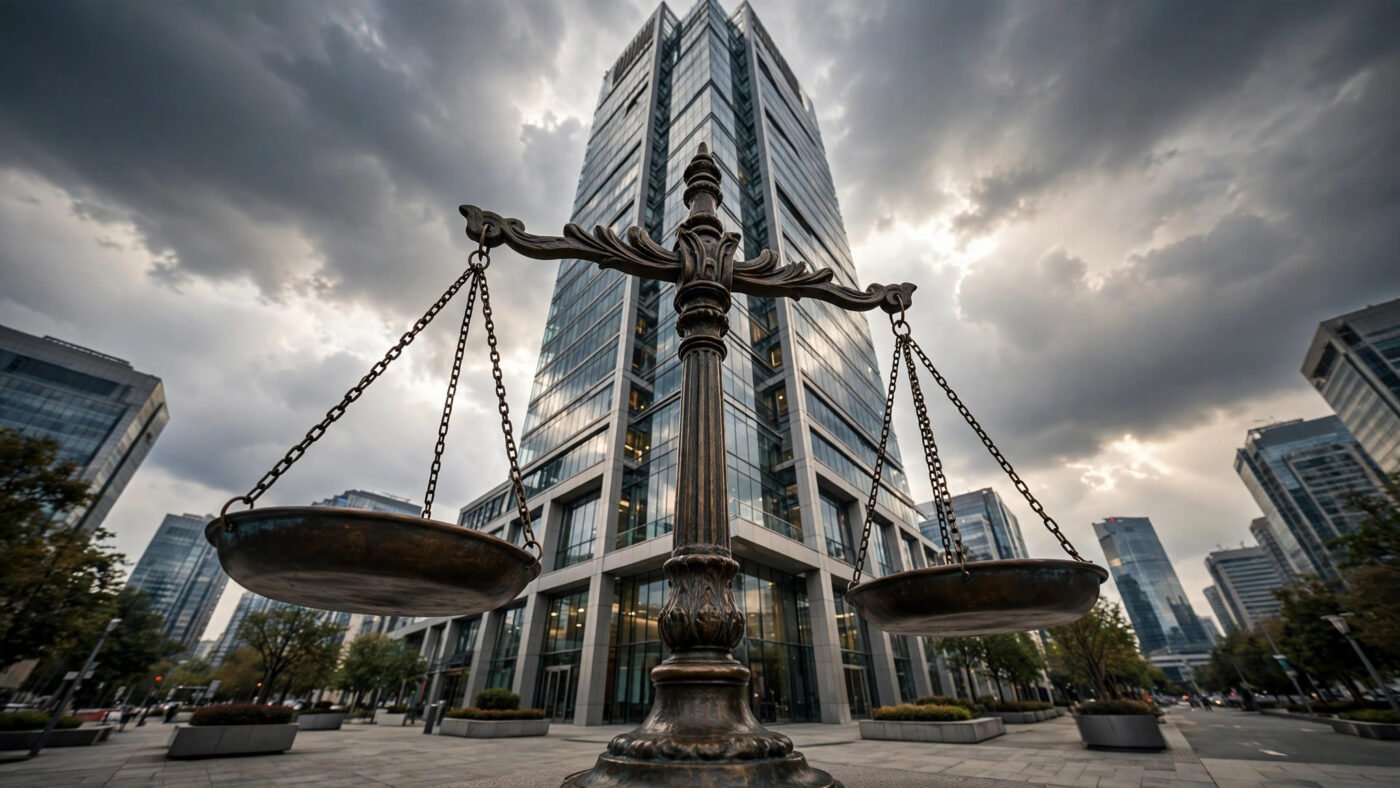 Bronze scales of justice statue in front of a modern glass skyscraper