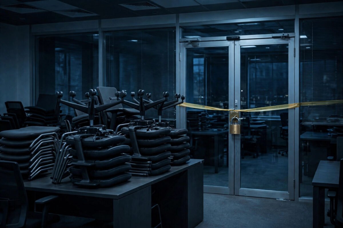 When Can a Commercial Legal Entity Be Suspended from Operations in Vietnam? 1 A darkened office interior with a padlocked entrance door