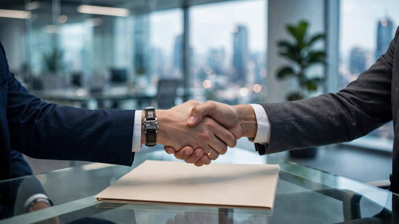 A business handshake over a legal folder on a glass desk