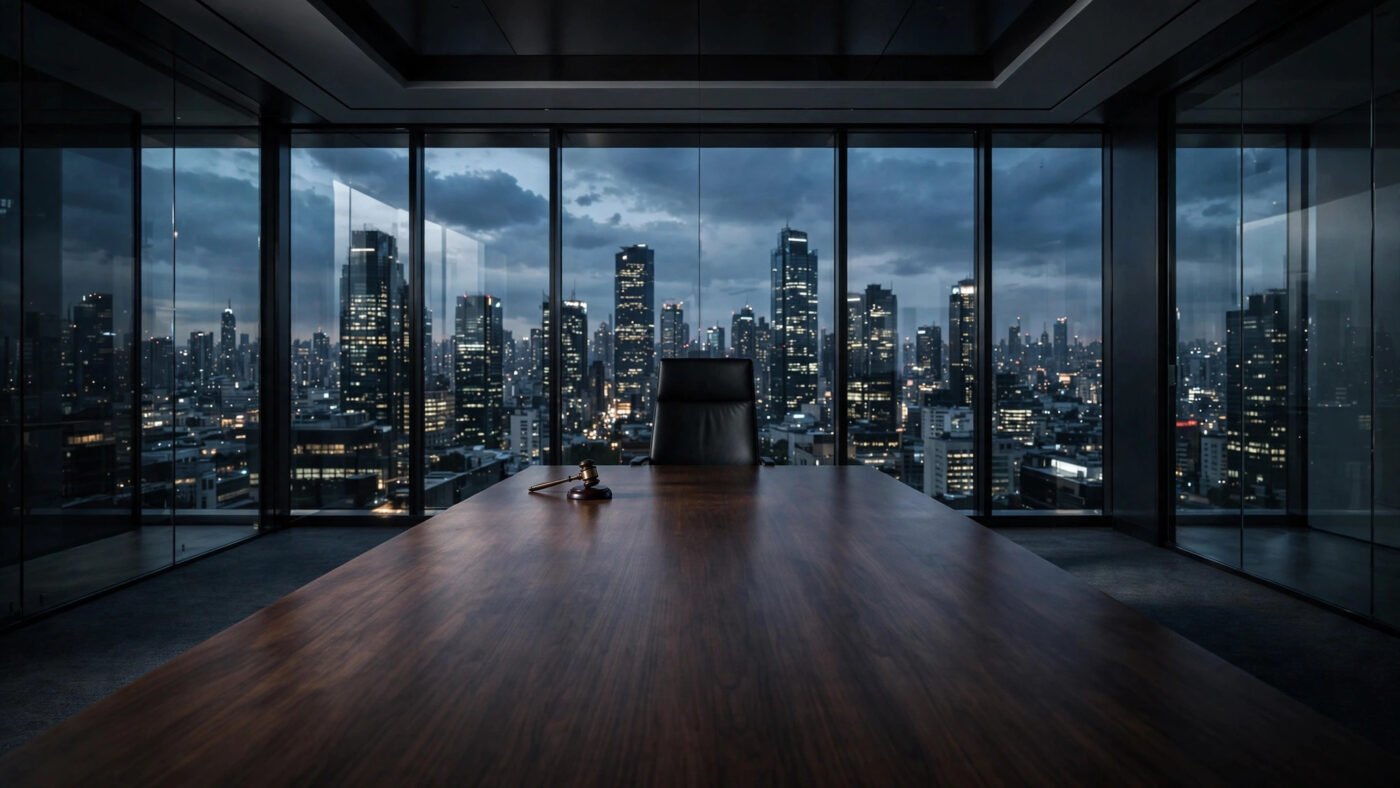 An empty boardroom at night with a gavel on the table