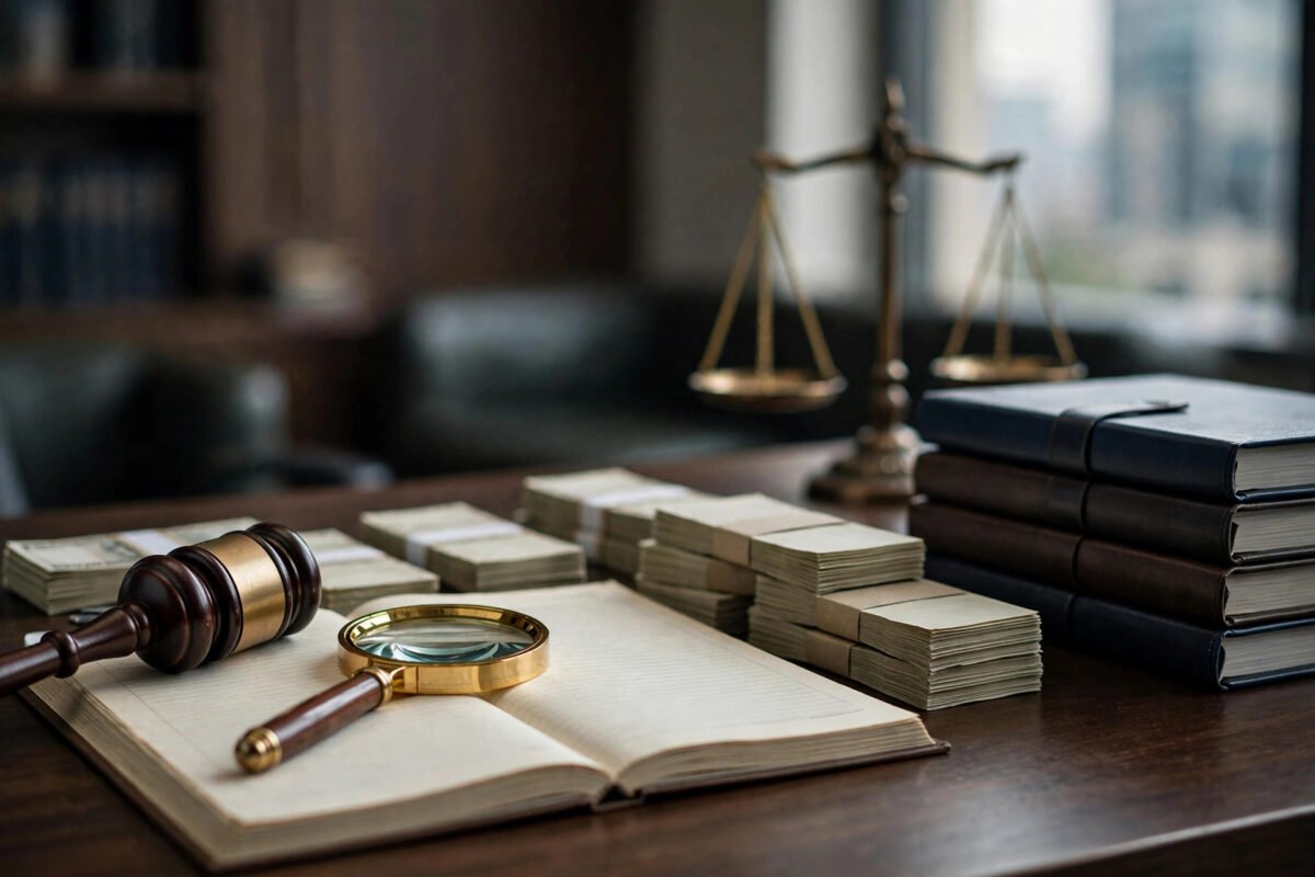 Gavel, magnifying glass and cash stacks on a desk, illustrating embezzlement under Article 353 of the Penal Code