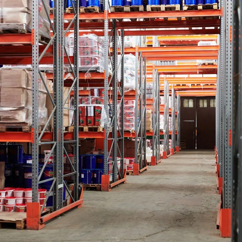 Warehouse racks with stored goods