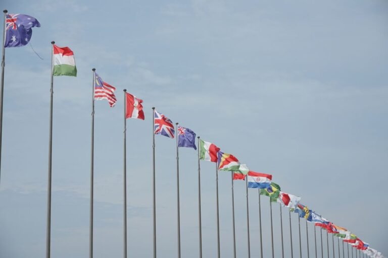 Row of national flags on flagpoles